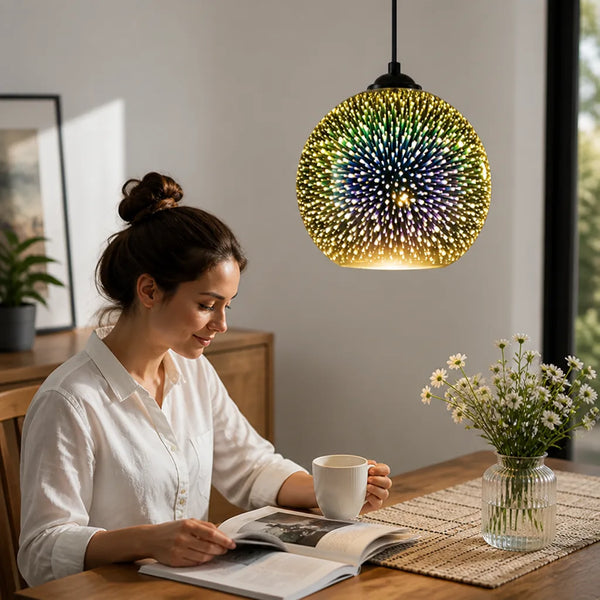 3D Fireworks Glass & Metal Pendant Light – in use