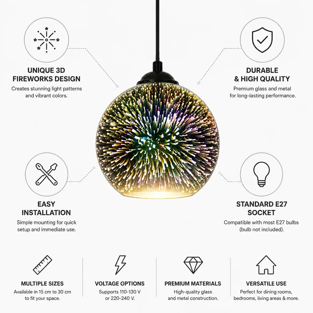 3D Fireworks Glass & Metal Pendant Light – side view