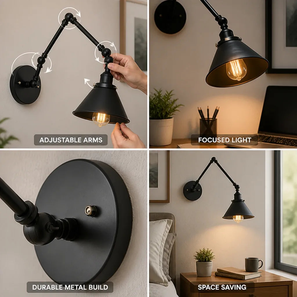 Adjustable Double Swivel Arms Matte Black Wall Lamp – close-up view