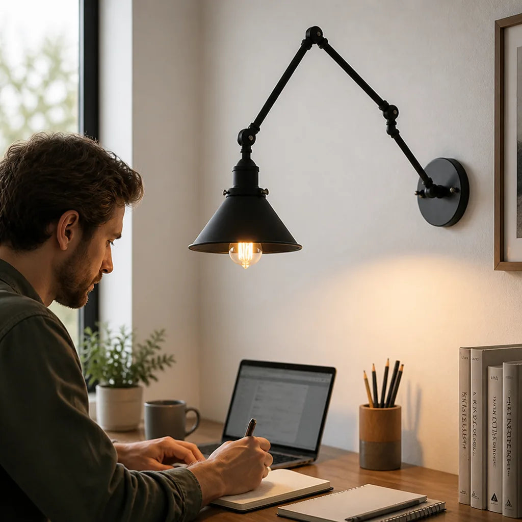 Adjustable Double Swivel Arms Matte Black Wall Lamp – in use