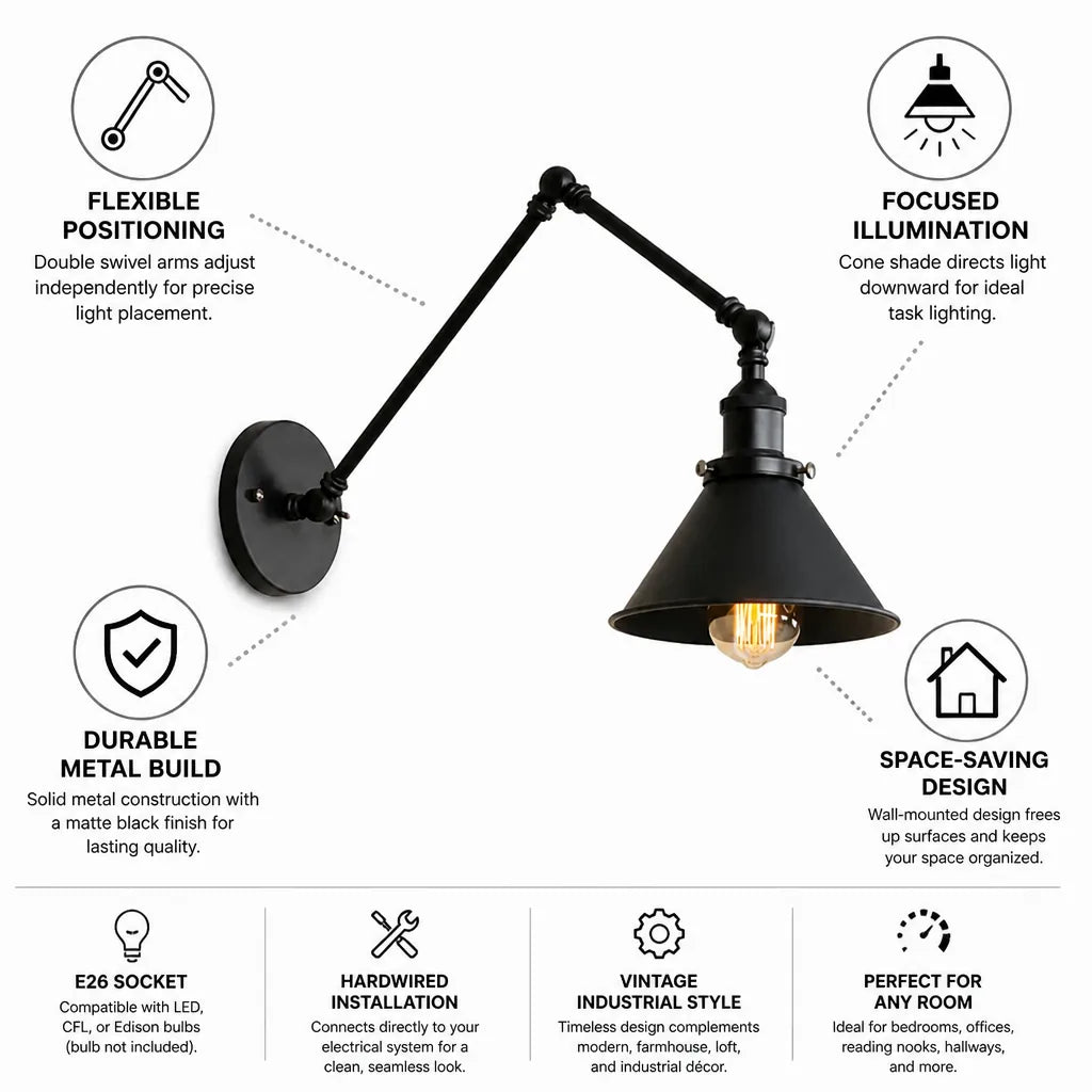 Adjustable Double Swivel Arms Matte Black Wall Lamp – side view