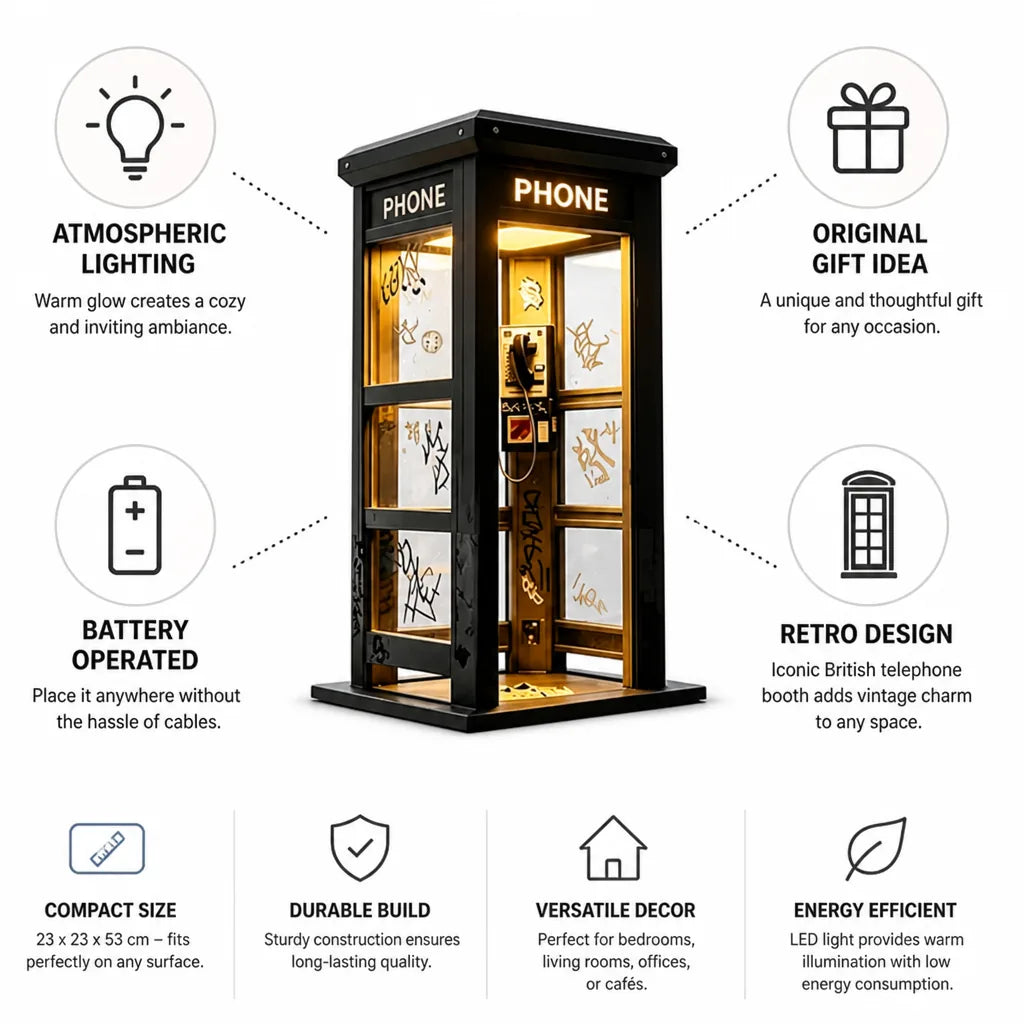 Battery-Operated Retro Telephone Booth Table Lamp – side view