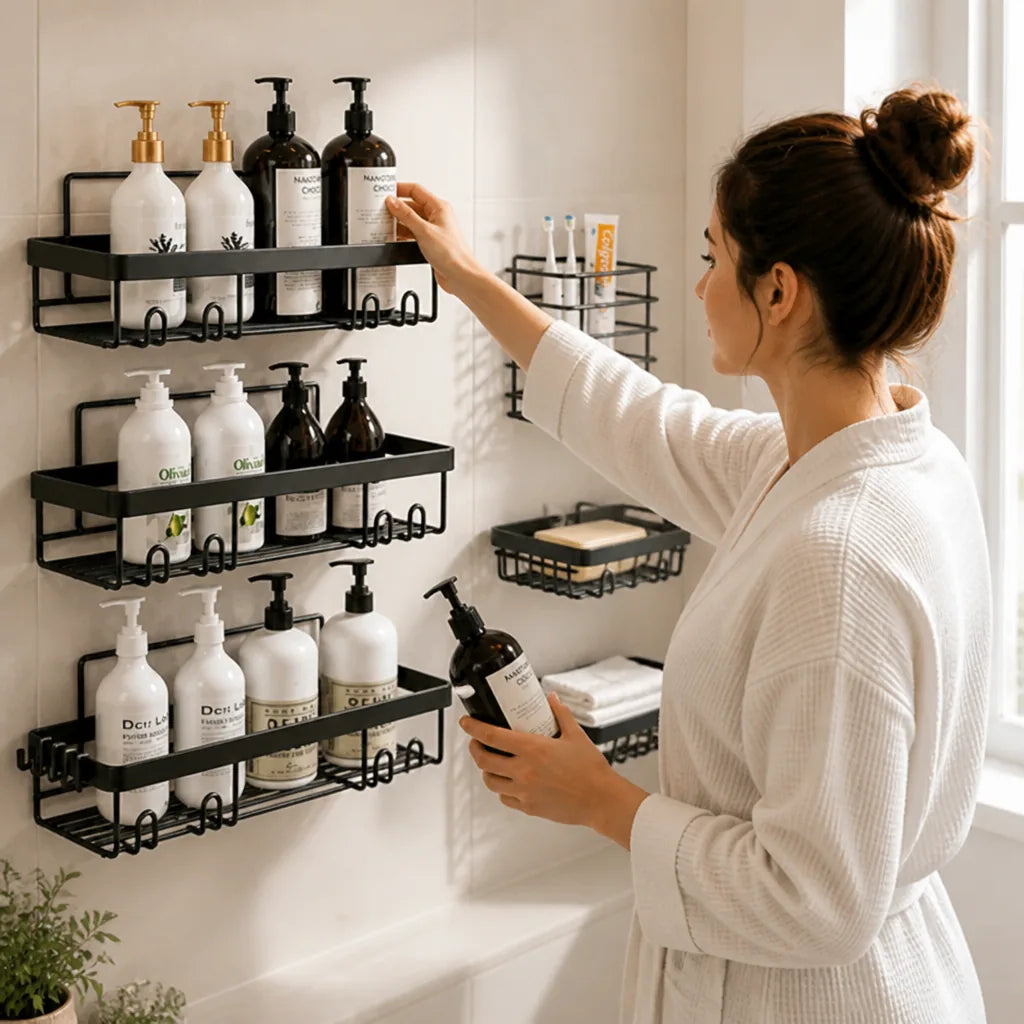 Drill-Free Self-Adhesive Rust-Resistant Shower Shelf Set (5 Shelves) – in use