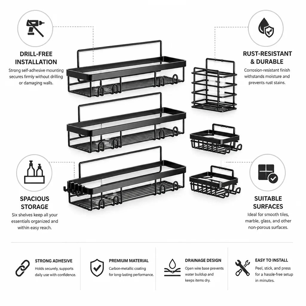 Drill-Free Self-Adhesive Rust-Resistant Shower Shelf Set (5 Shelves) – side view