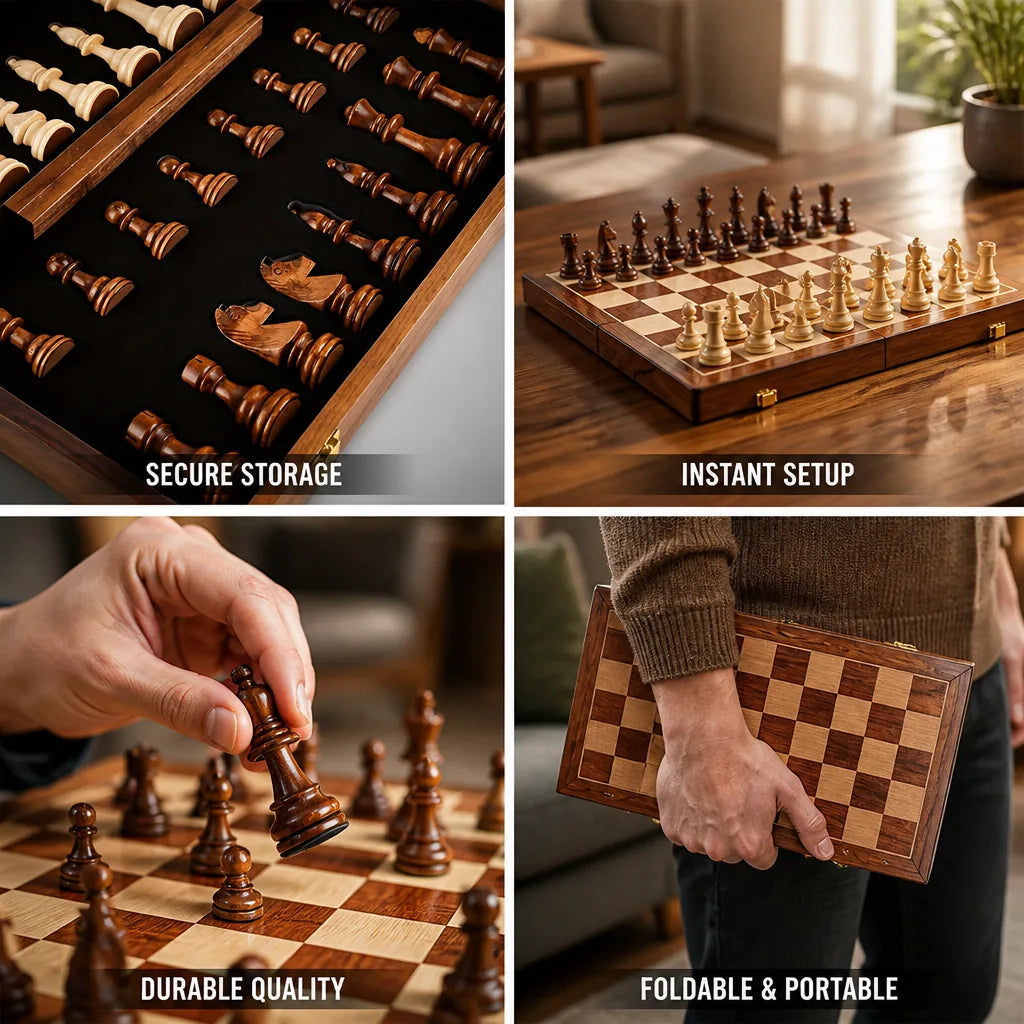 Foldable Solid Wood Chess Set (Built-In Storage) – close-up view