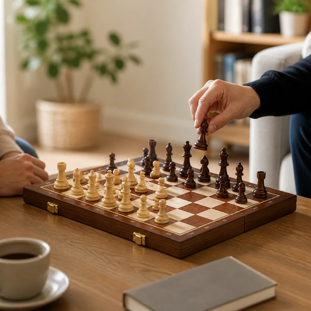 Foldable Solid Wood Chess Set (Built-In Storage) – in use