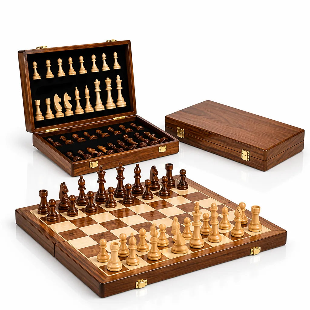 Foldable Solid Wood Chess Set (Built-In Storage) – detail view