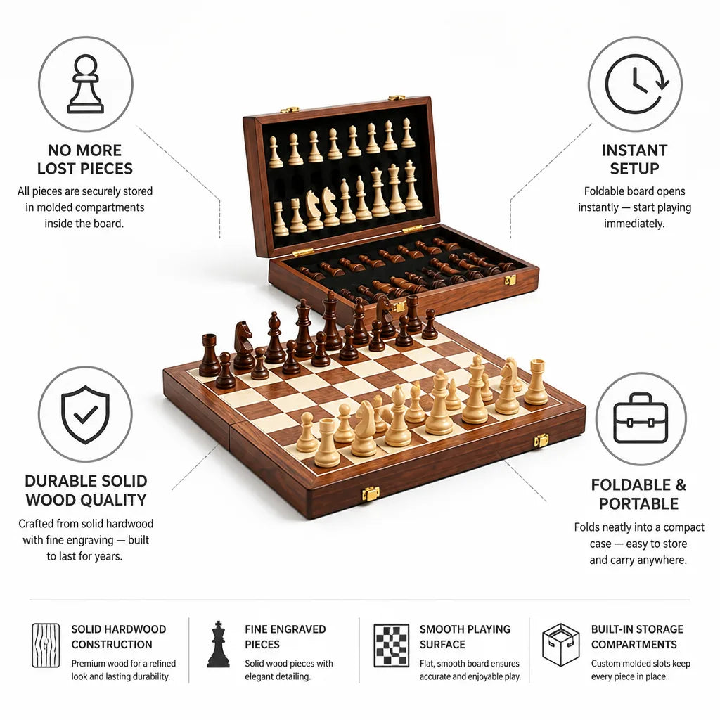 Foldable Solid Wood Chess Set (Built-In Storage) – side view