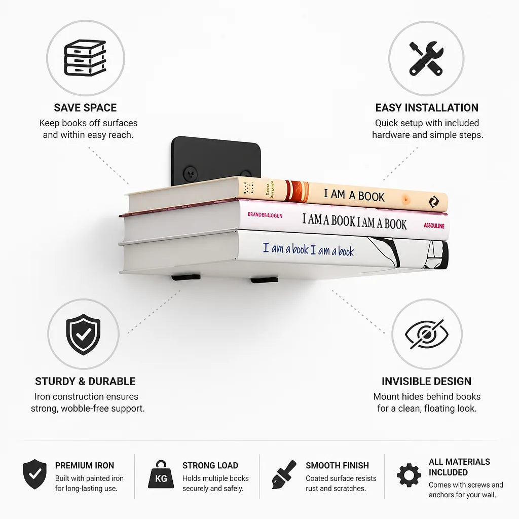 Invisible Iron Floating Bookshelf (Wall Mount) – side view