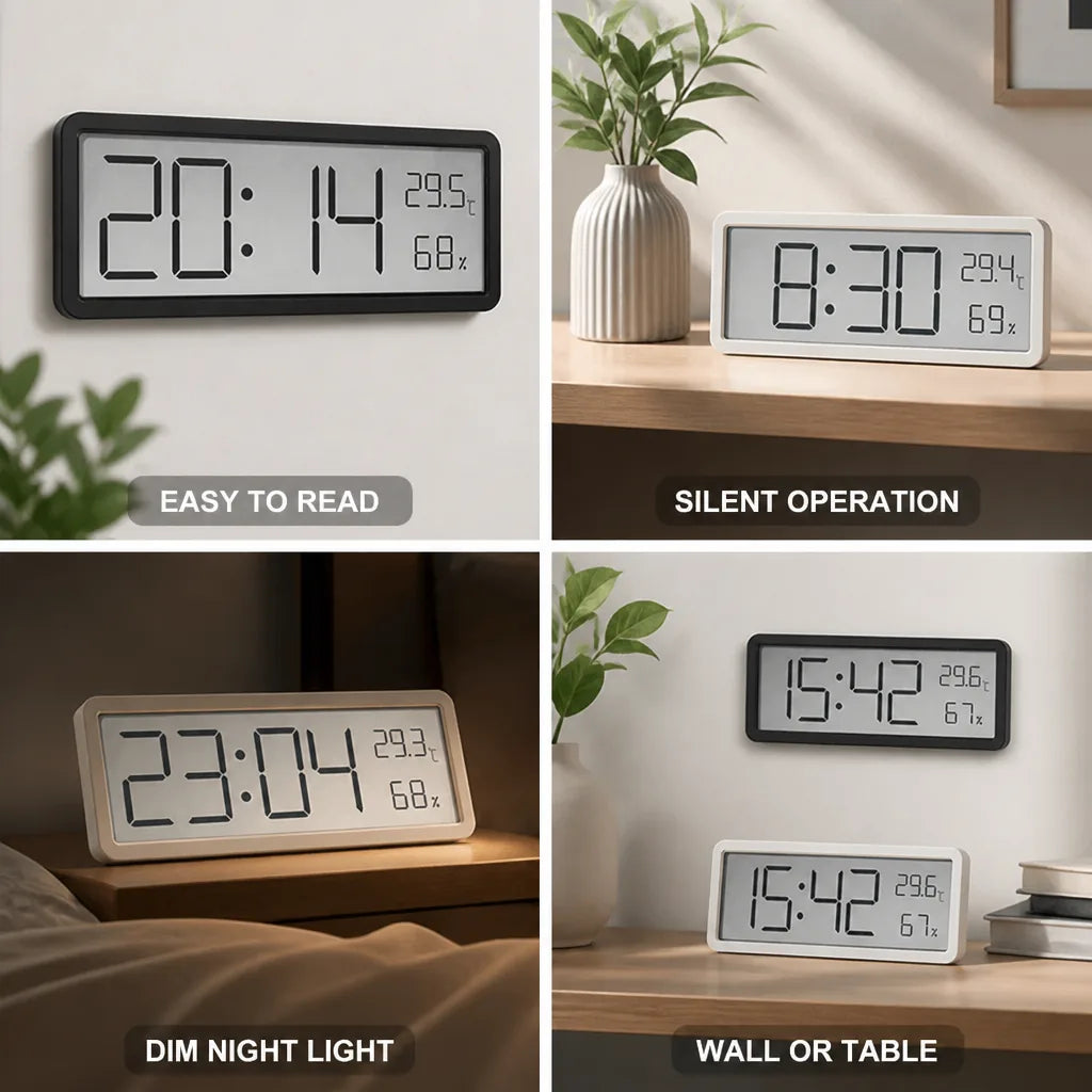 Large LCD Temperature & Humidity Alarm Clock – close-up view