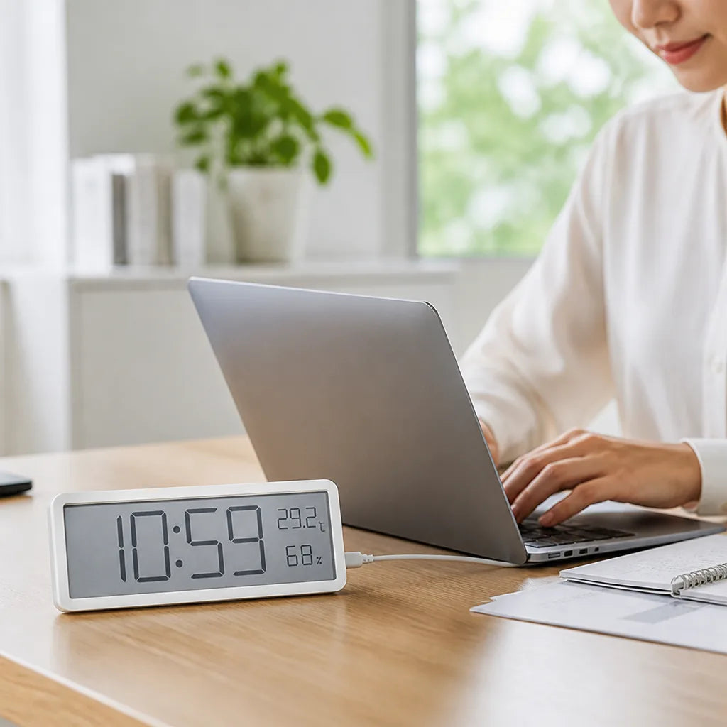 Large LCD Temperature & Humidity Alarm Clock – in use