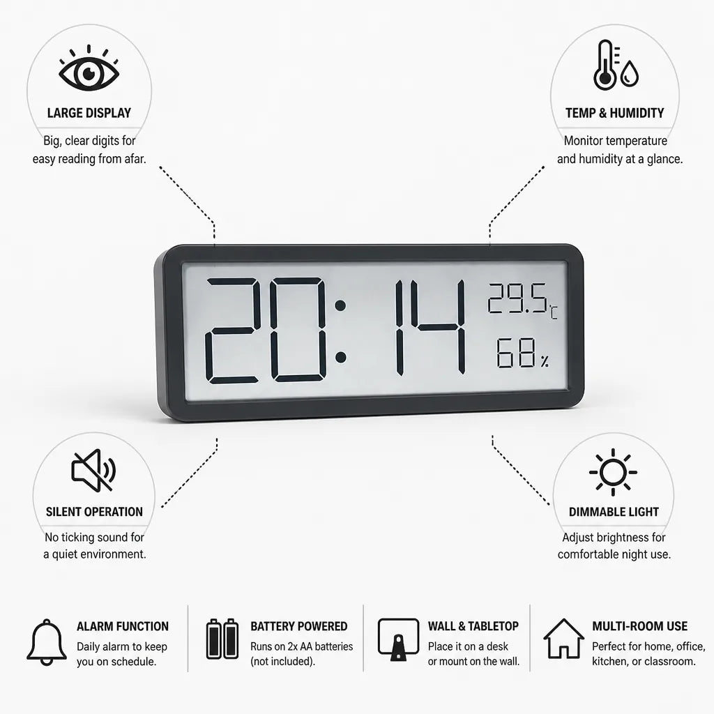 Large LCD Temperature & Humidity Alarm Clock – side view