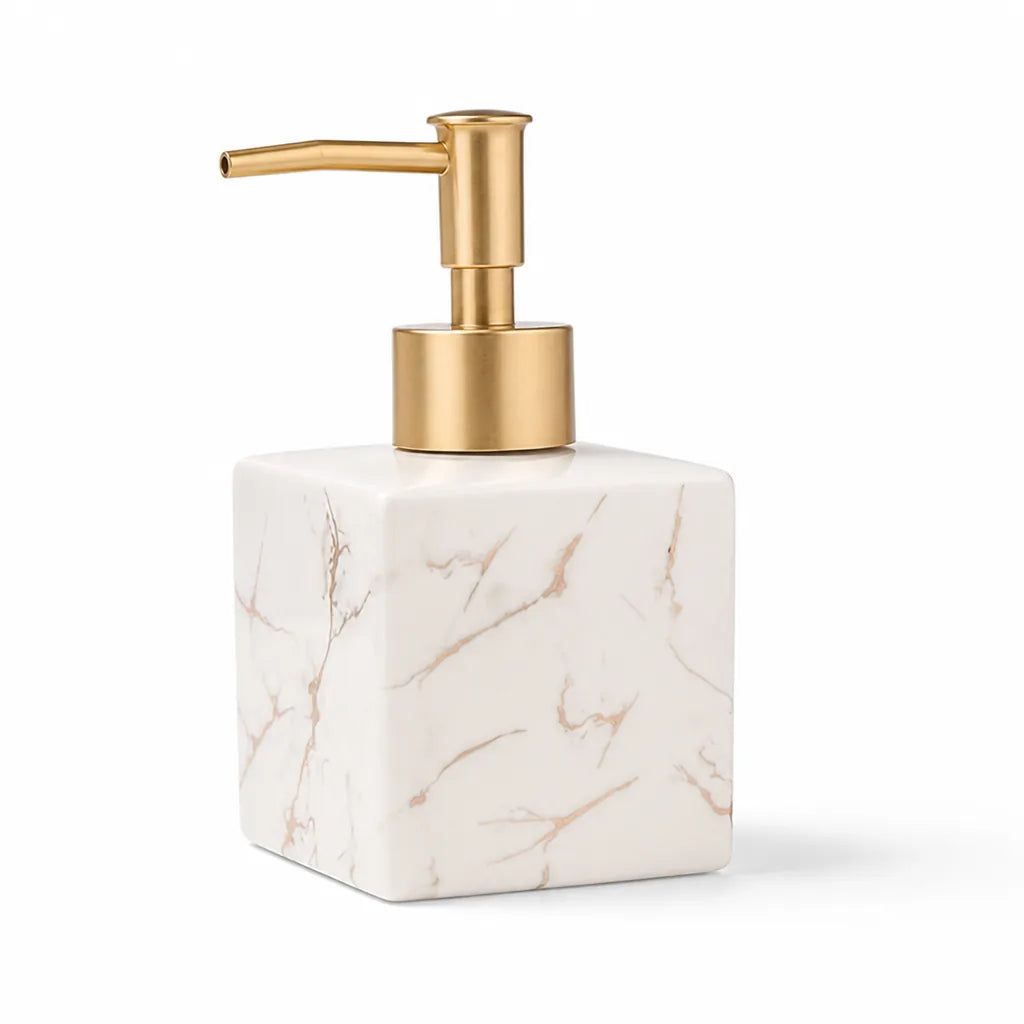 Marble-Look Ceramic Soap Dispenser (Matte Gold Pump) – front view