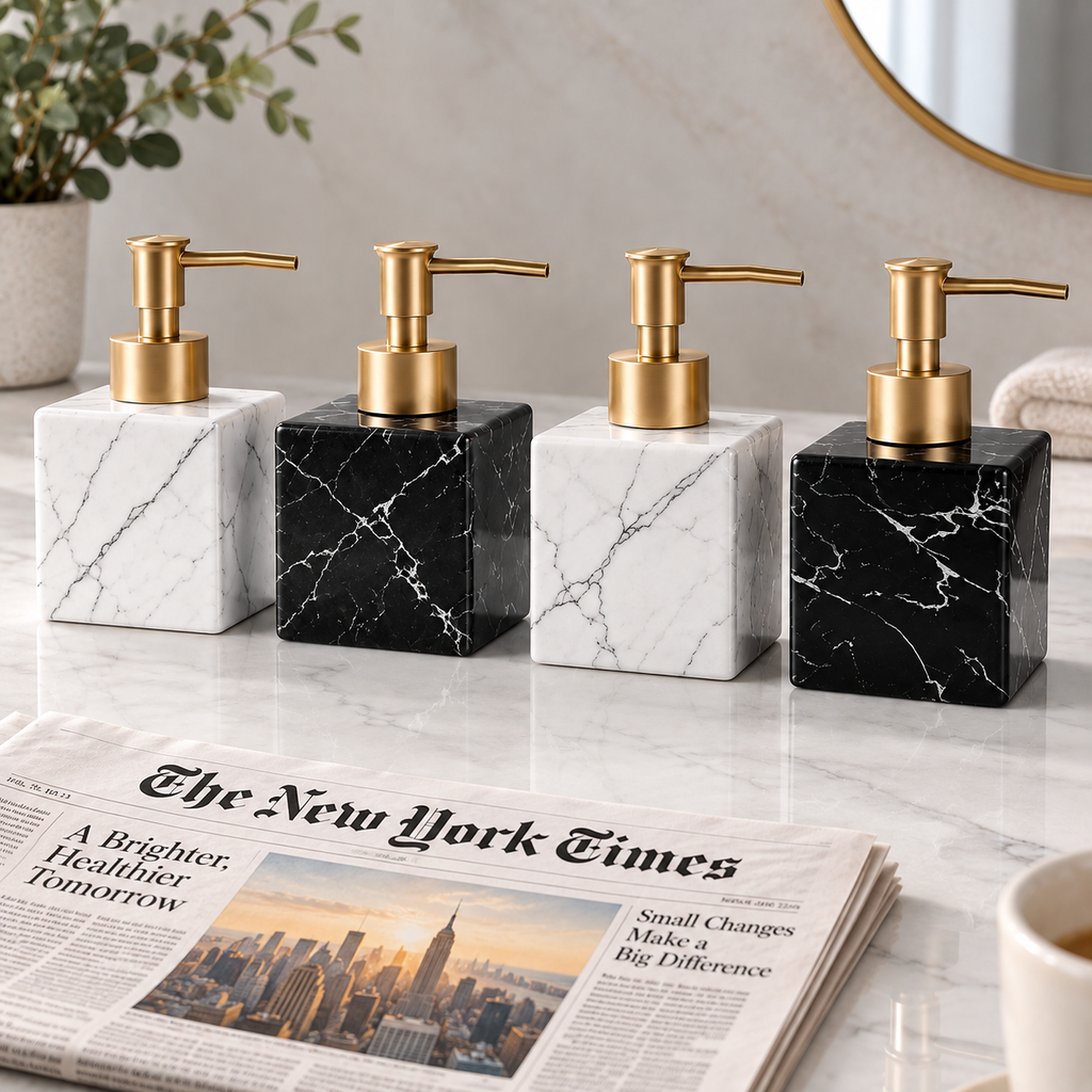 Marble-Look Ceramic Soap Dispenser (Matte Gold Pump) – side view