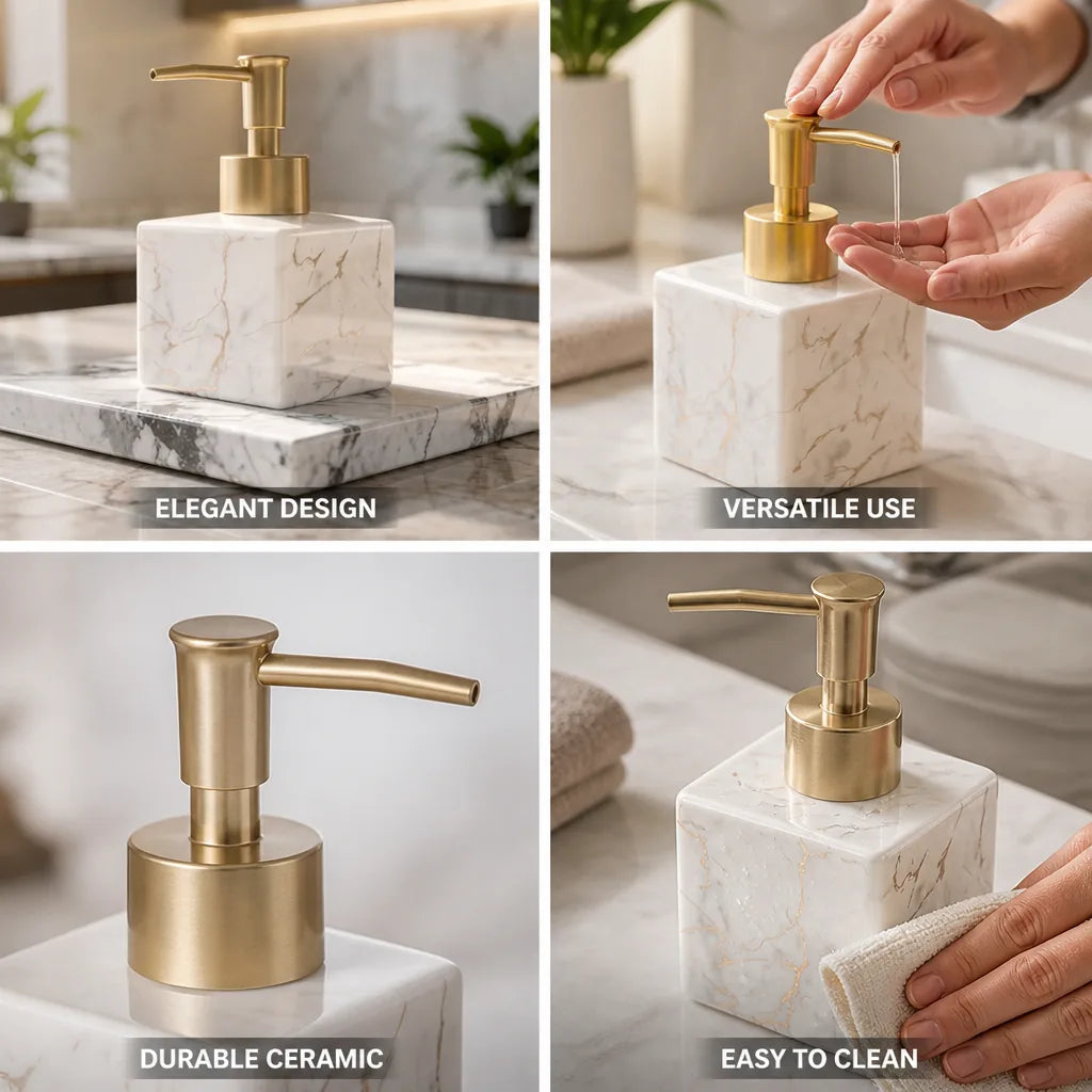 Marble-Look Ceramic Soap Dispenser (Matte Gold Pump) – close-up view