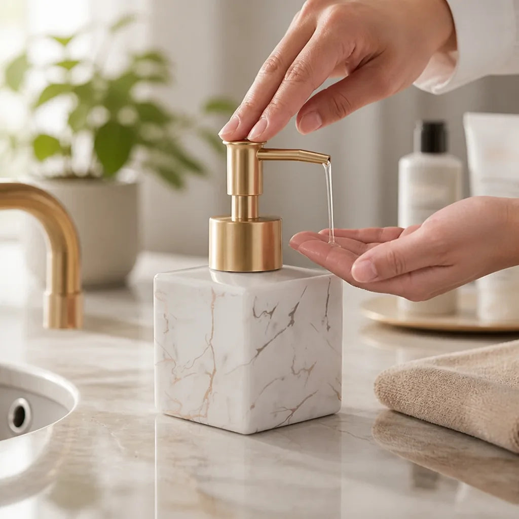Marble-Look Ceramic Soap Dispenser (Matte Gold Pump) – in use