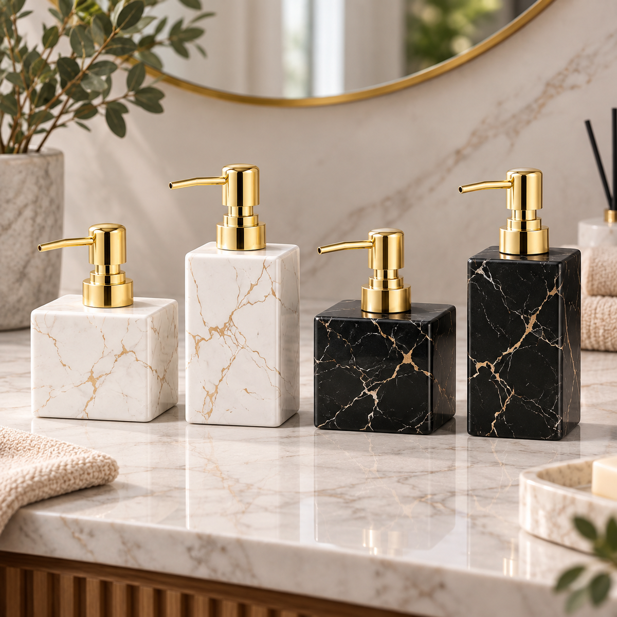 Marble-Look Ceramic Soap Dispenser (Matte Gold Pump) – detail view