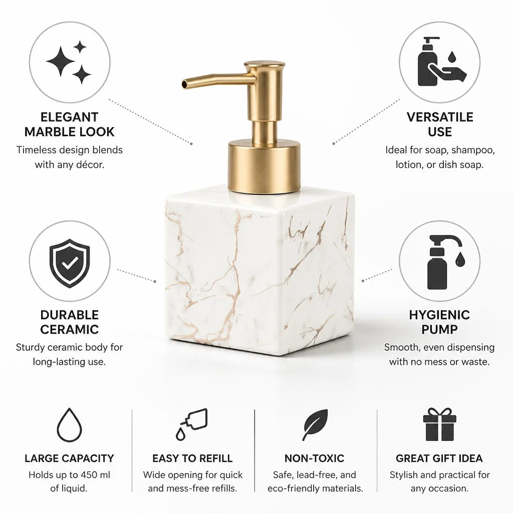 Marble-Look Ceramic Soap Dispenser (Matte Gold Pump) – side view
