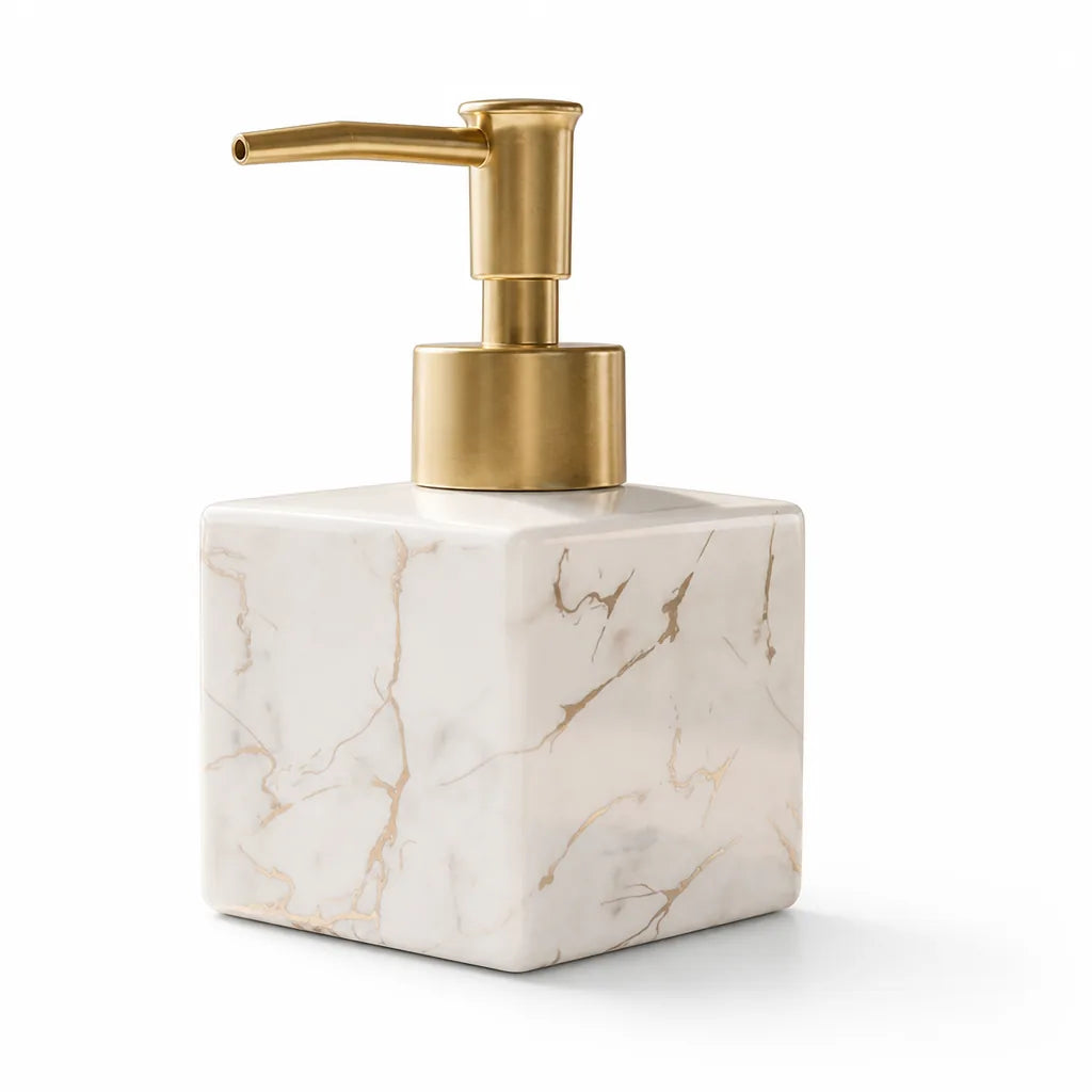 Marble-Look Ceramic Soap Dispenser (Matte Gold Pump) – lifestyle view
