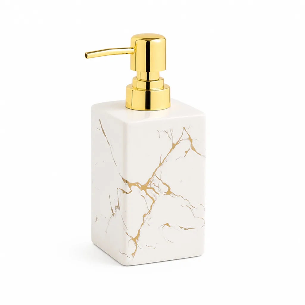 Marble-Look Ceramic Soap Dispenser (Matte Gold Pump) – front view