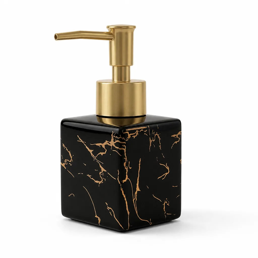 Marble-Look Ceramic Soap Dispenser (Matte Gold Pump) – close-up view