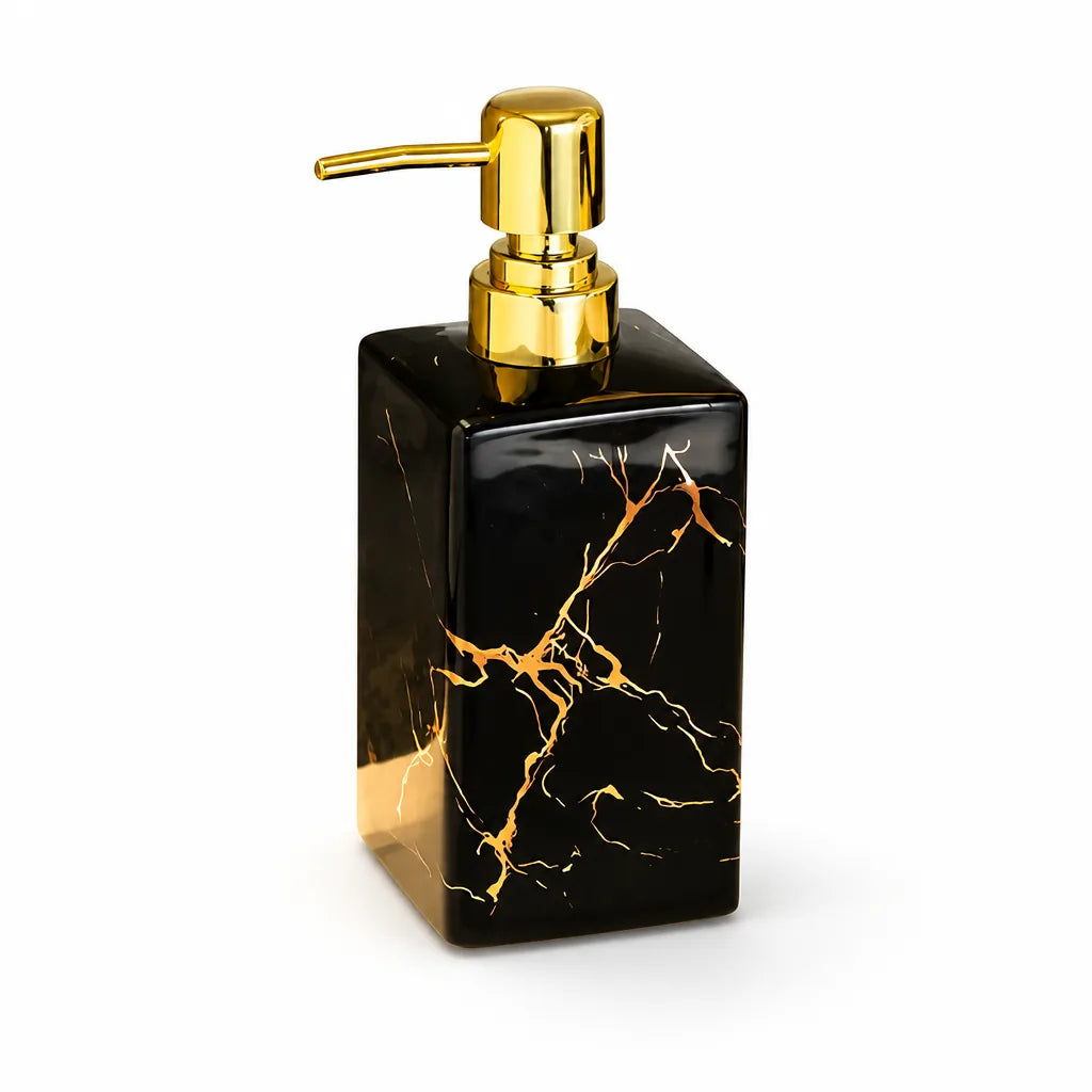 Marble-Look Ceramic Soap Dispenser (Matte Gold Pump) – in use