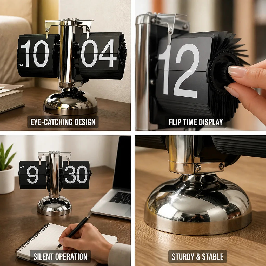 Retro Silent Quartz & Metal Frame Flip Clock – close-up view