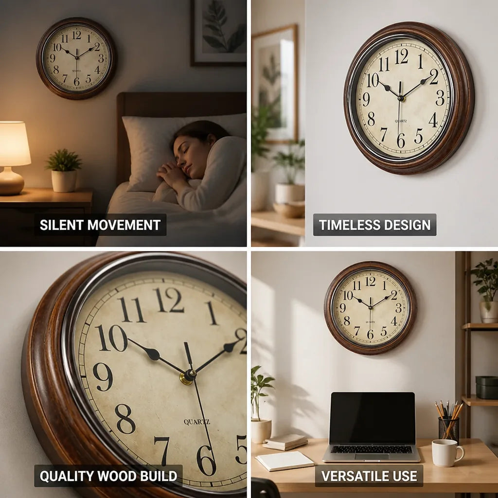 Silent Movement Wooden Wall Clock (30 cm) – close-up view