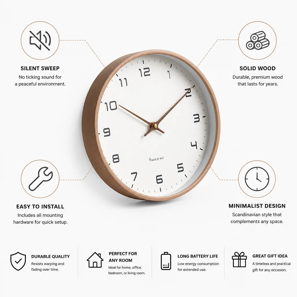 Silent Sweep Solid Wood Wall Clock (25x25 & 30x30 cm) – side view