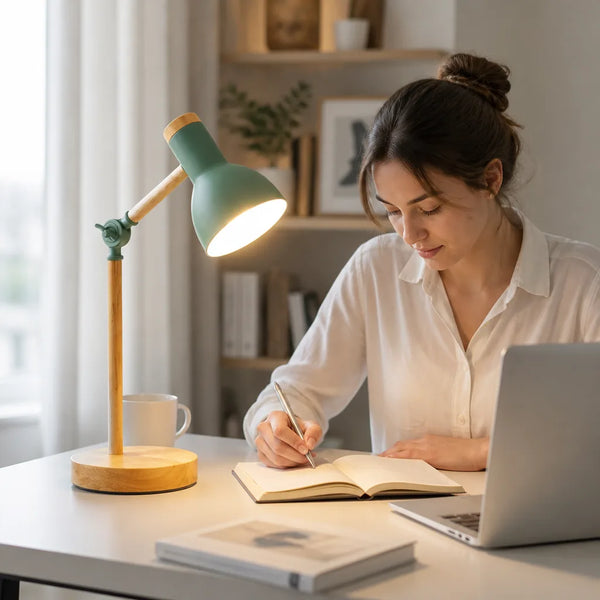 Solid Wood Base & Adjustable Head Desk Lamp (Bulb Included) – in use