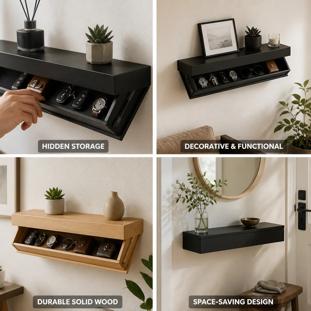 Solid Wood Hidden Compartment Wall Shelf – close-up view