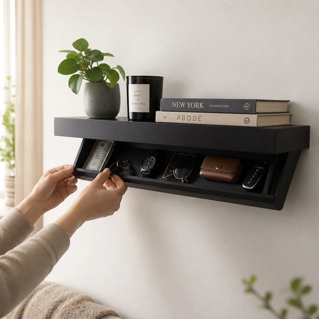 Solid Wood Hidden Compartment Wall Shelf – in use