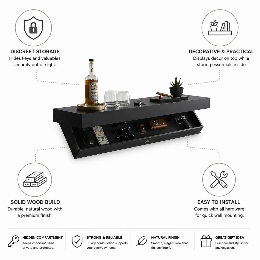 Solid Wood Hidden Compartment Wall Shelf – side view