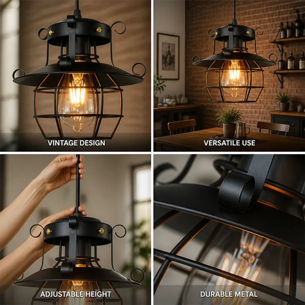 Vintage Industrial Open Metal Cage Pendant Light (Adjustable Cable) – close-up view