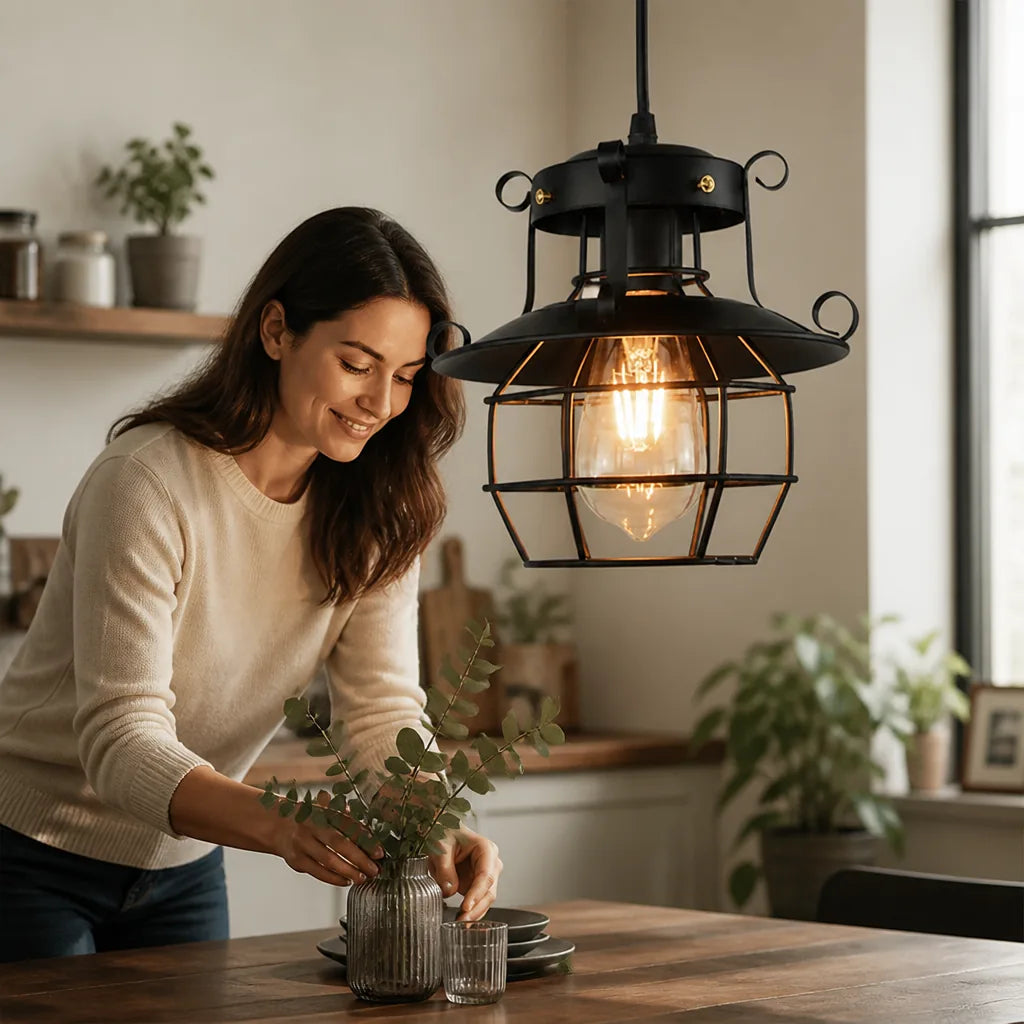 Vintage Industrial Open Metal Cage Pendant Light (Adjustable Cable) – in use