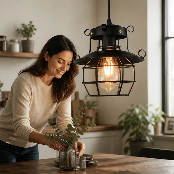 Vintage Industrial Open Metal Cage Pendant Light (Adjustable Cable) – in use