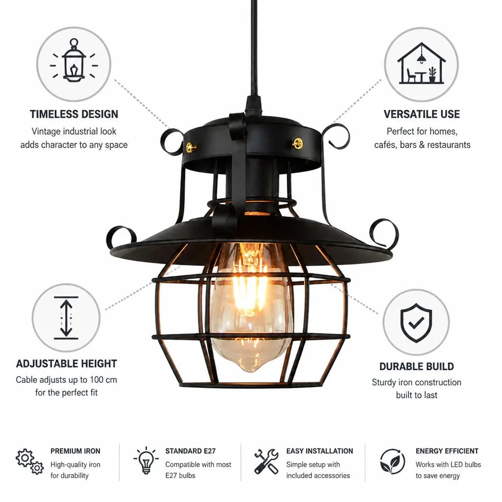Vintage Industrial Open Metal Cage Pendant Light (Adjustable Cable) – side view
